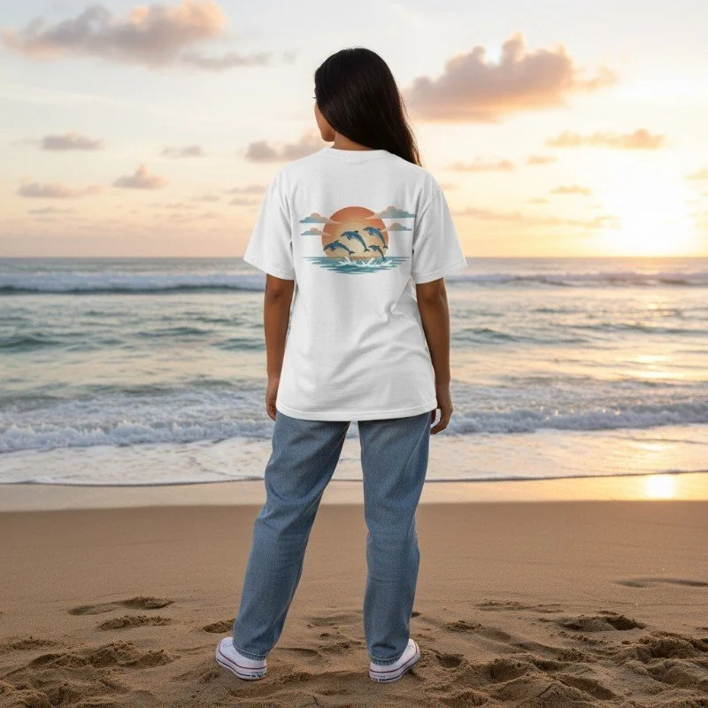 Person wearing white t-shirt with dolphin sunset ocean design inspired by Western Australia coastal nature.