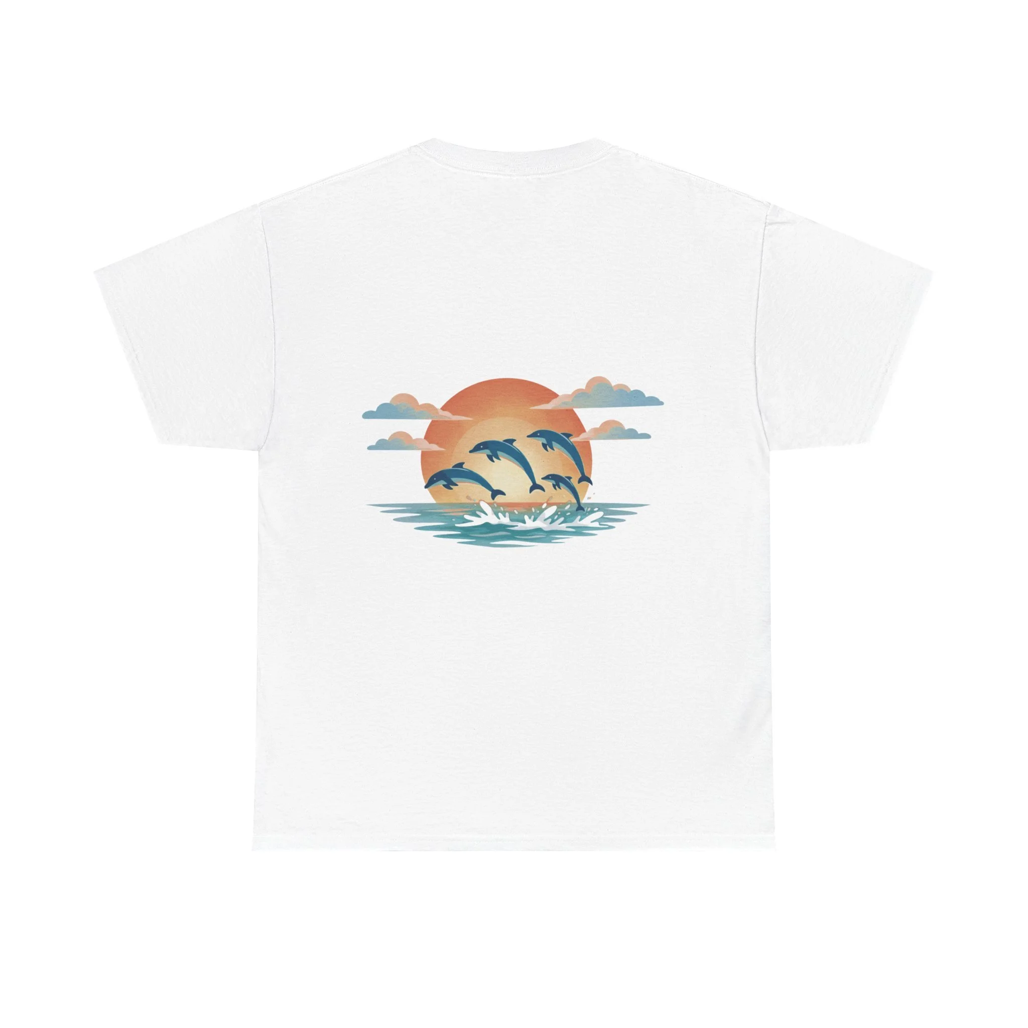 White t-shirt featuring dolphins jumping over the ocean at sunset inspired by Australian marine wildlife.
