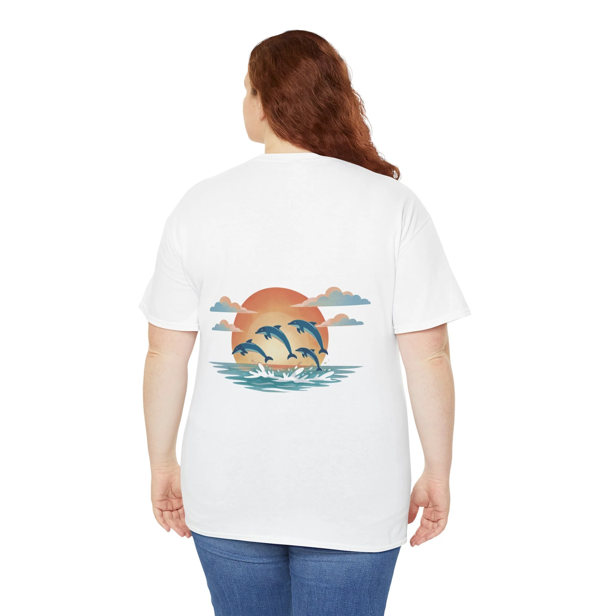 White t-shirt with dolphins swimming at sunset graphic inspired by the ocean and Western Australia coastline.