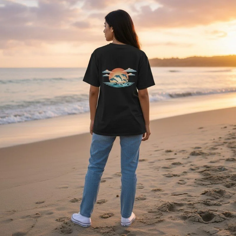 Person wearing black t-shirt with dolphin sunset ocean design inspired by Western Australia coastal nature.