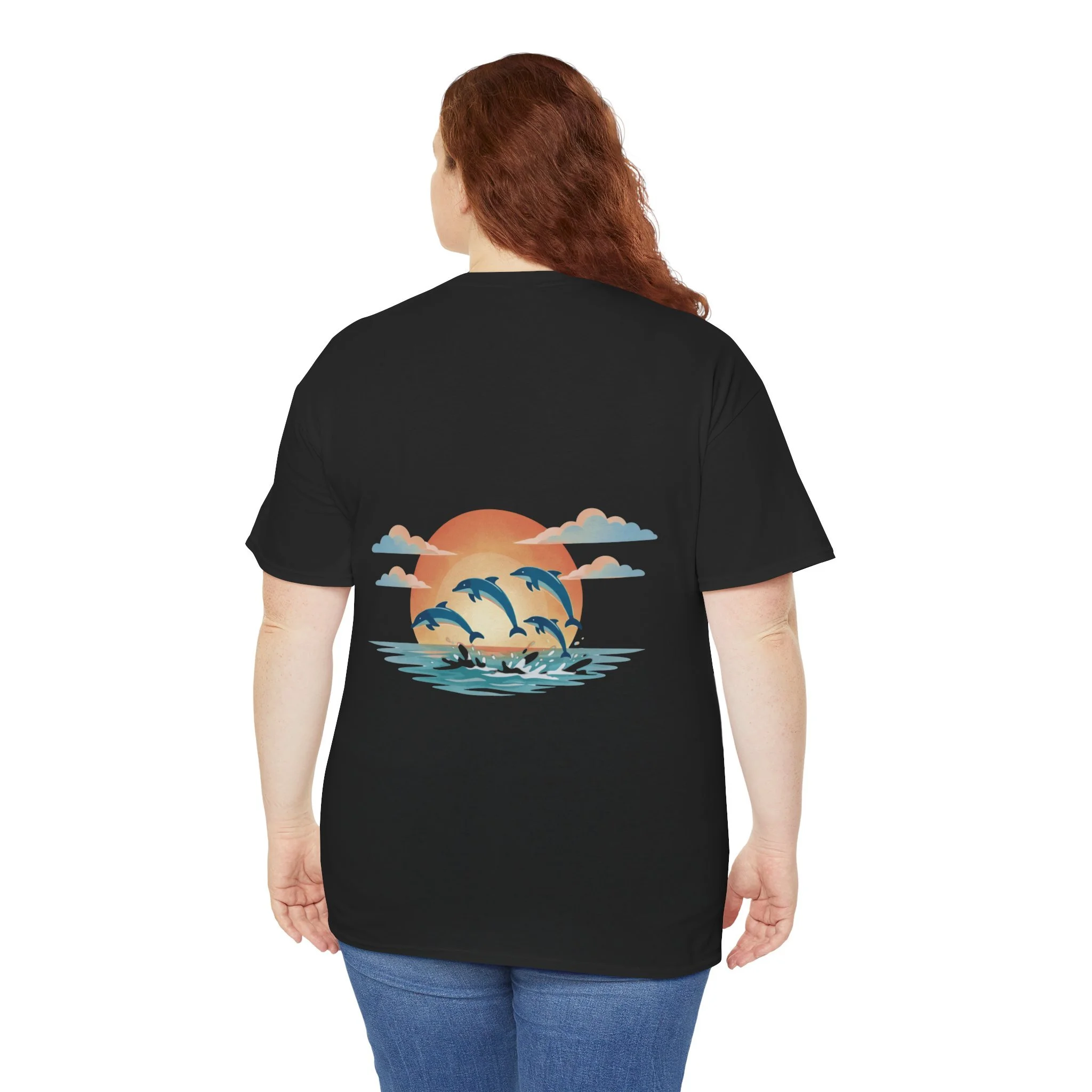 Black t-shirt with dolphins swimming at sunset graphic inspired by the ocean and Western Australia coastline.