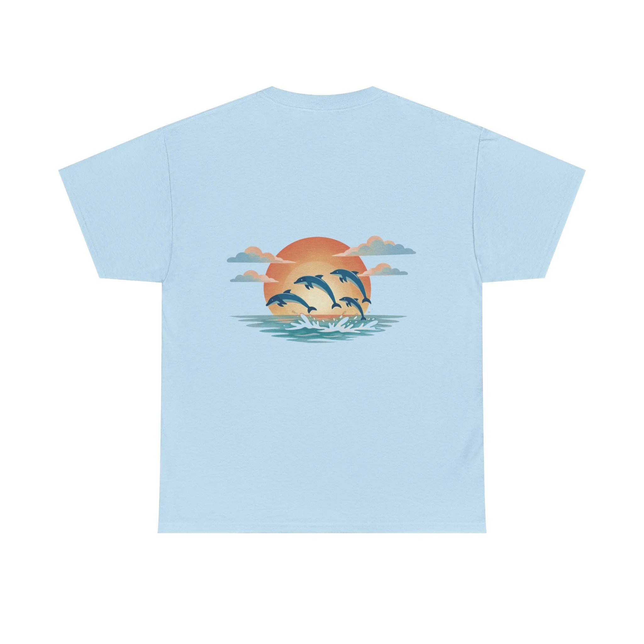 Light blue t-shirt featuring dolphins jumping over the ocean at sunset inspired by Australian marine wildlife.
