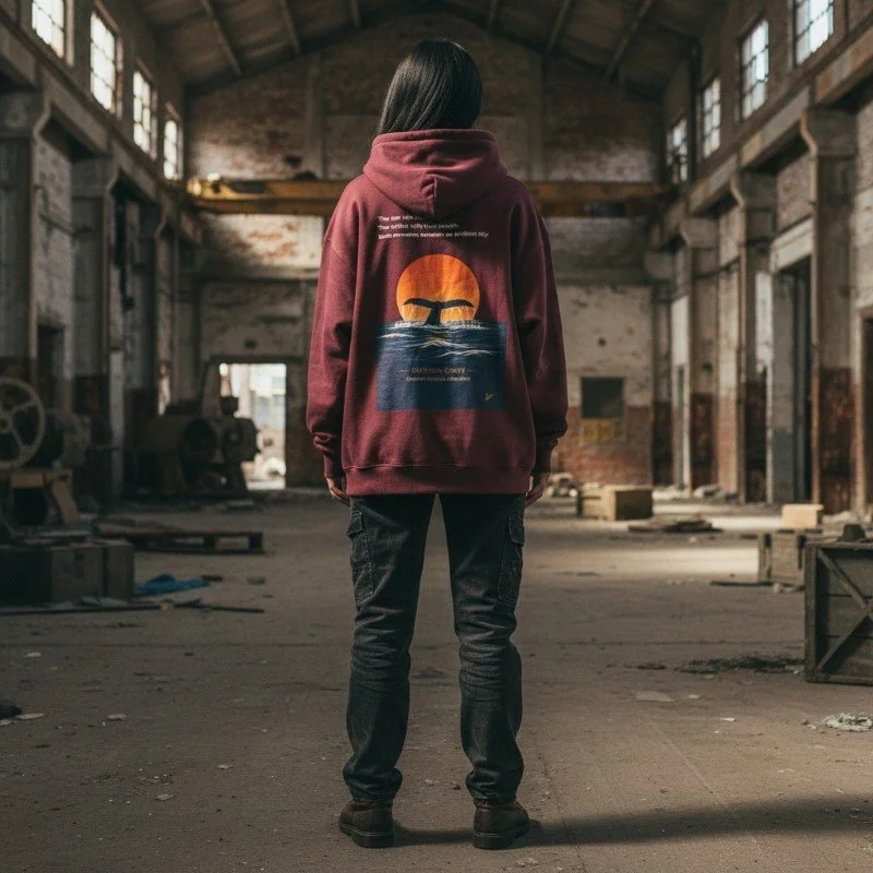 Person wearing maroon hoodie with whale sunset illustration inspired by Western Australia ocean wildlife.