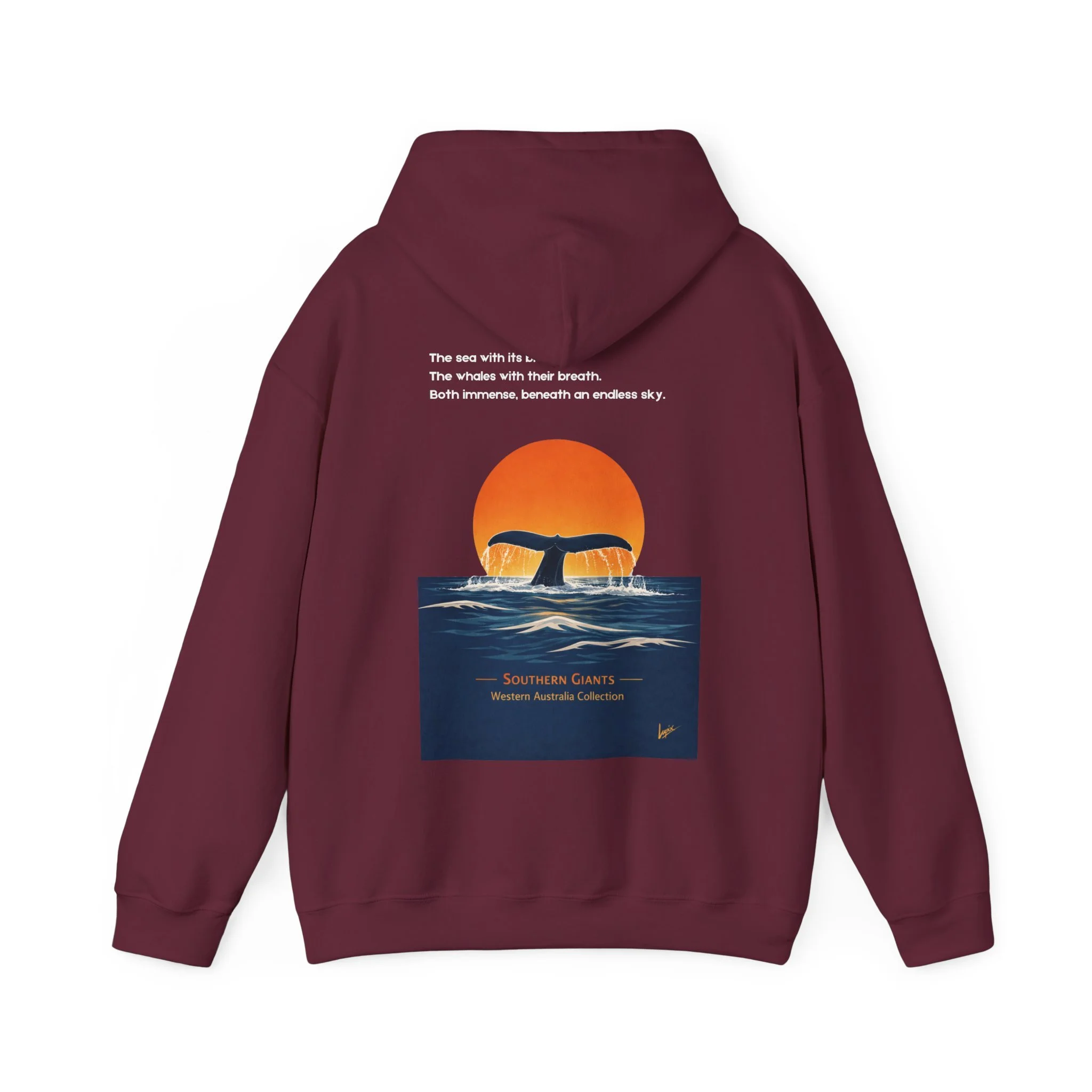 Maroon hoodie with whale tail sunset ocean design inspired by Western Australia marine life.