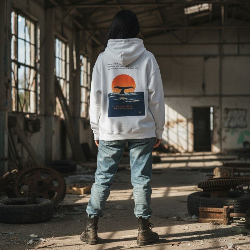 Person wearing white hoodie with whale sunset illustration inspired by Western Australia ocean wildlife.