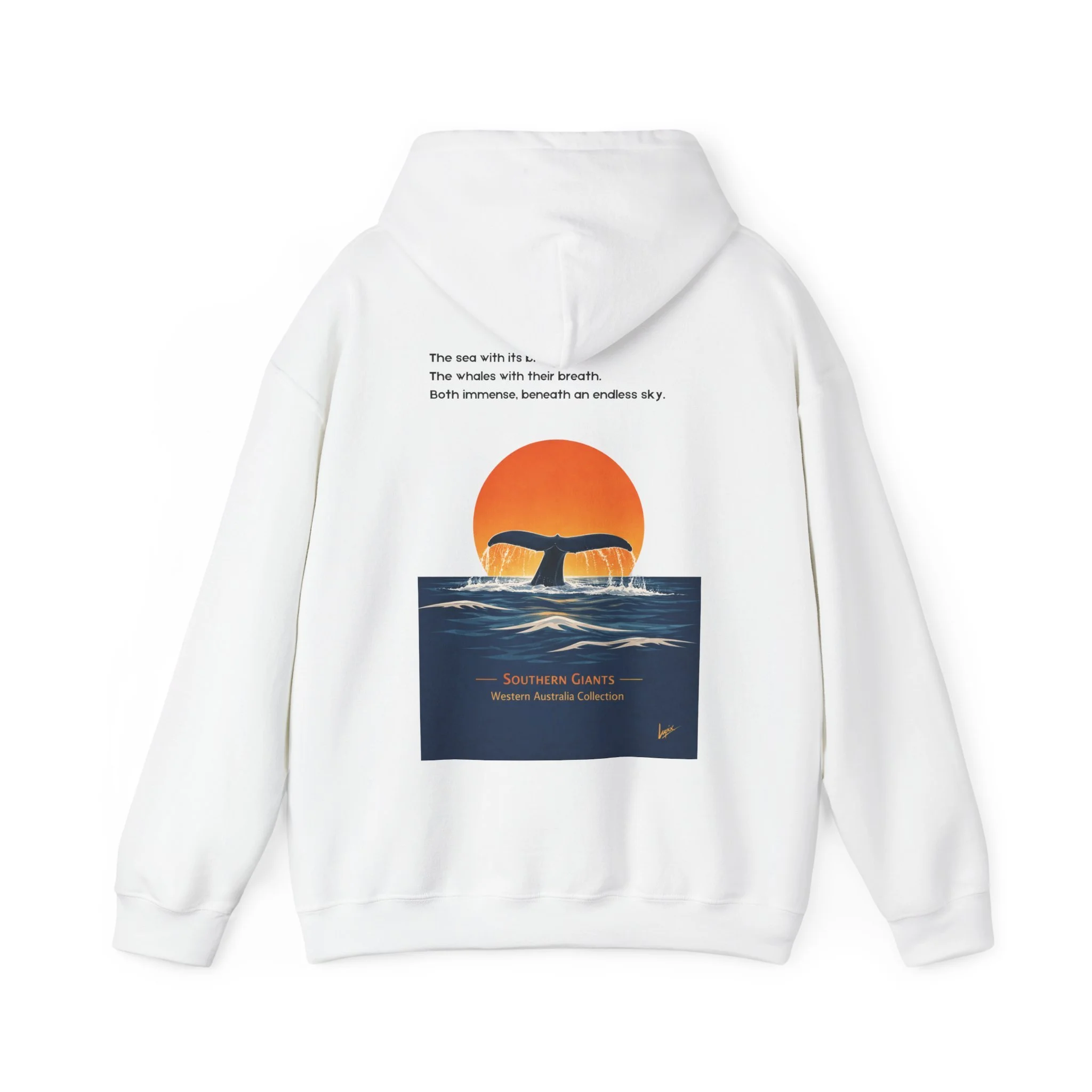 White hoodie with whale tail sunset ocean design inspired by Western Australia marine life.