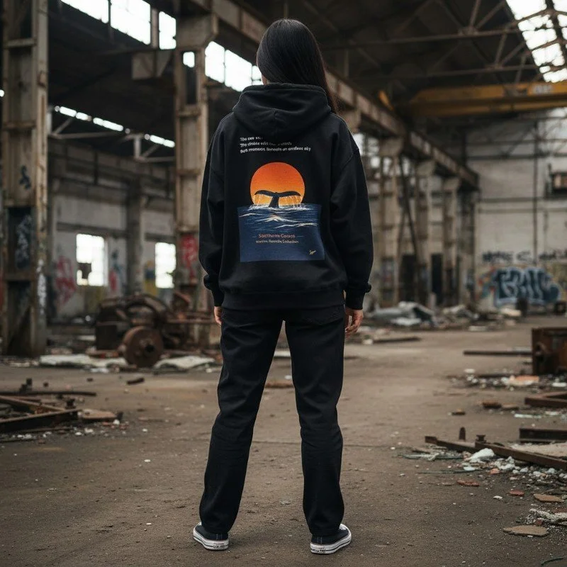 Person wearing black hoodie with whale sunset illustration inspired by Western Australia ocean wildlife.