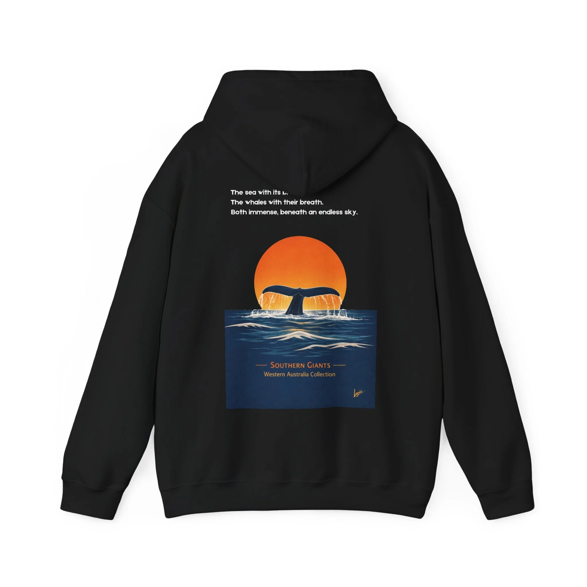 Black hoodie with whale tail sunset ocean design inspired by Western Australia marine life.