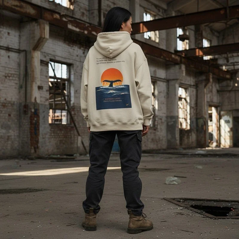 Person wearing sand hoodie with whale sunset illustration inspired by Western Australia ocean wildlife.