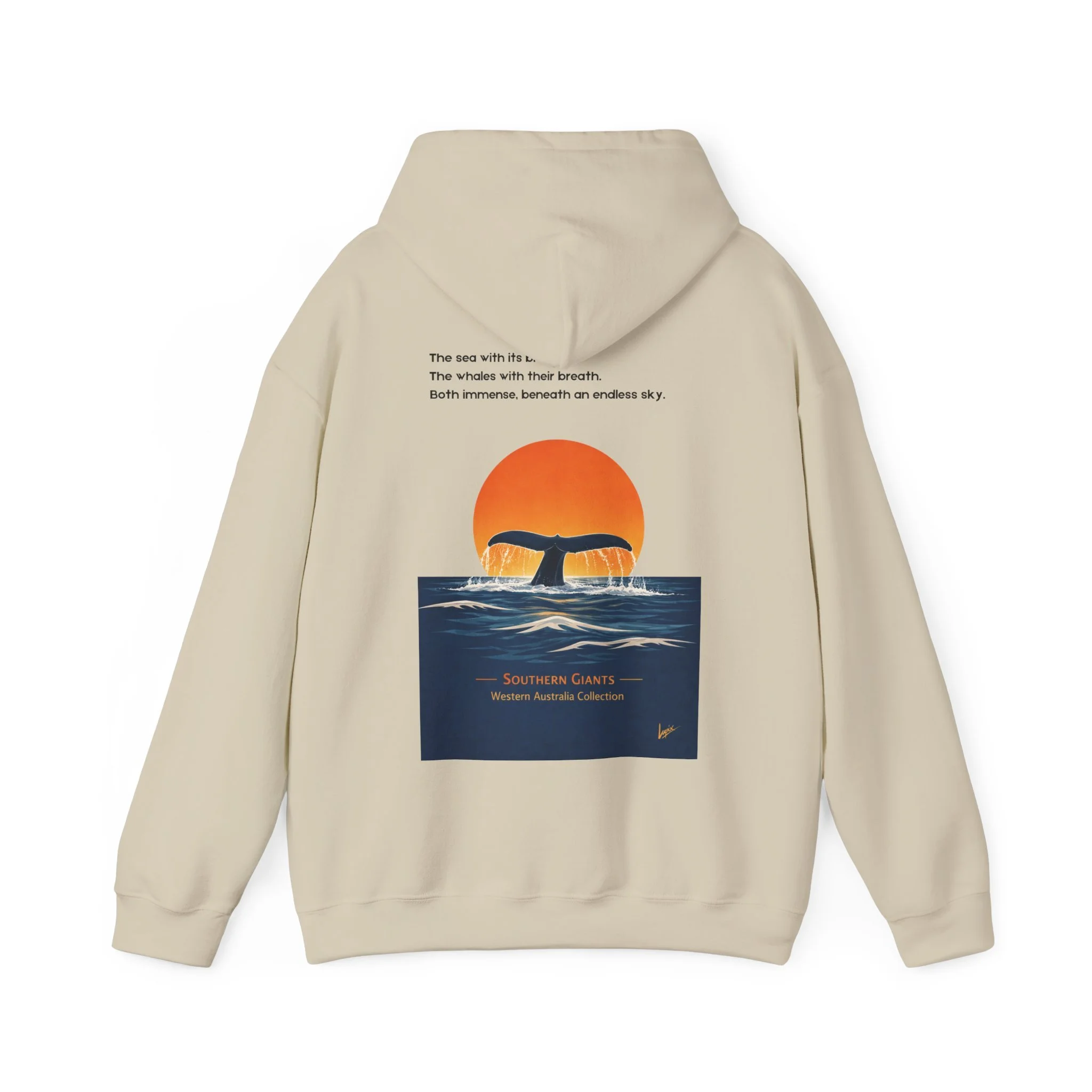 Sand hoodie with whale tail sunset ocean design inspired by Western Australia marine life.