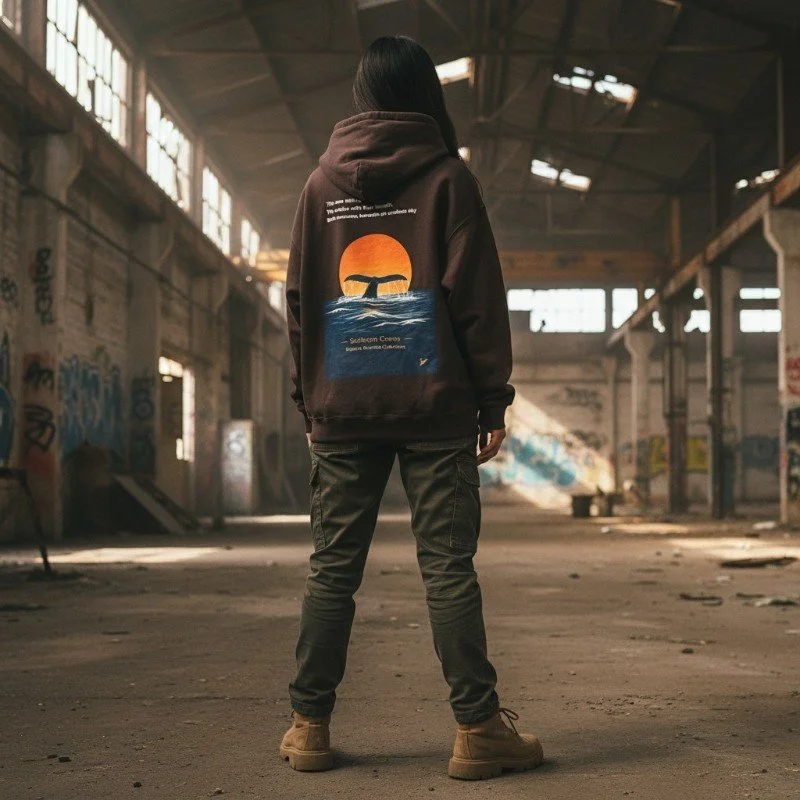 Person wearing dark brown hoodie with whale sunset illustration inspired by Western Australia ocean wildlife.