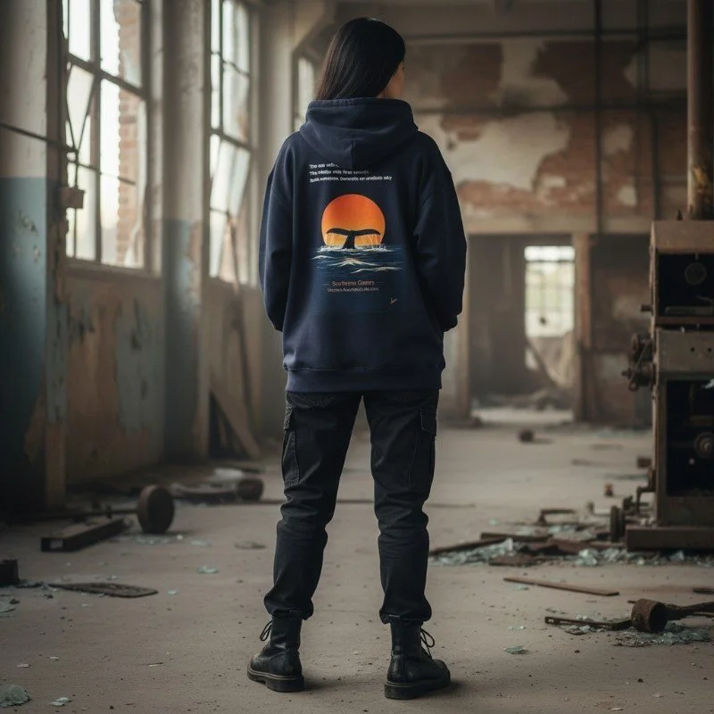Person wearing navy hoodie with whale sunset illustration inspired by Western Australia ocean wildlife.