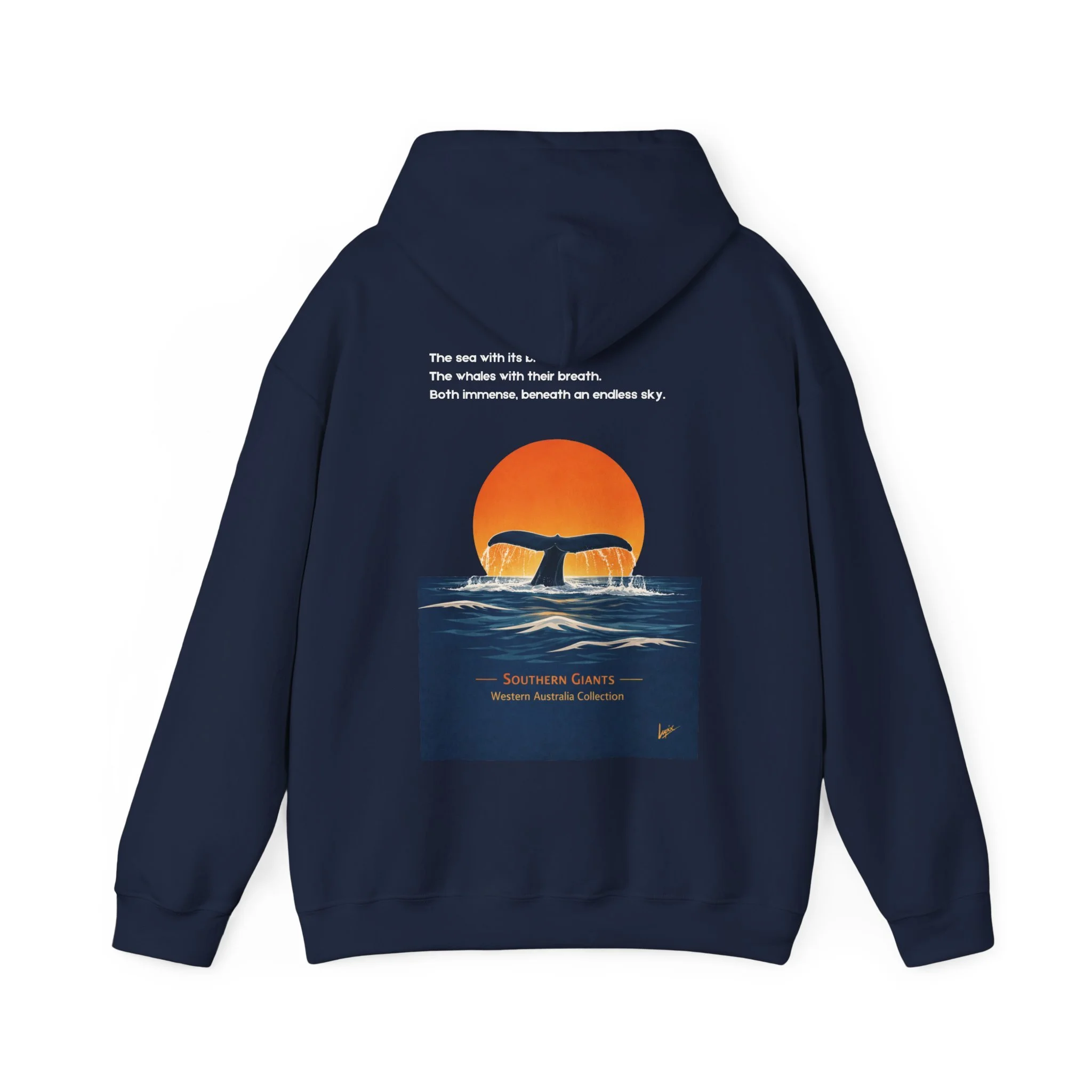 Navy hoodie with whale tail sunset ocean design inspired by Western Australia marine life.