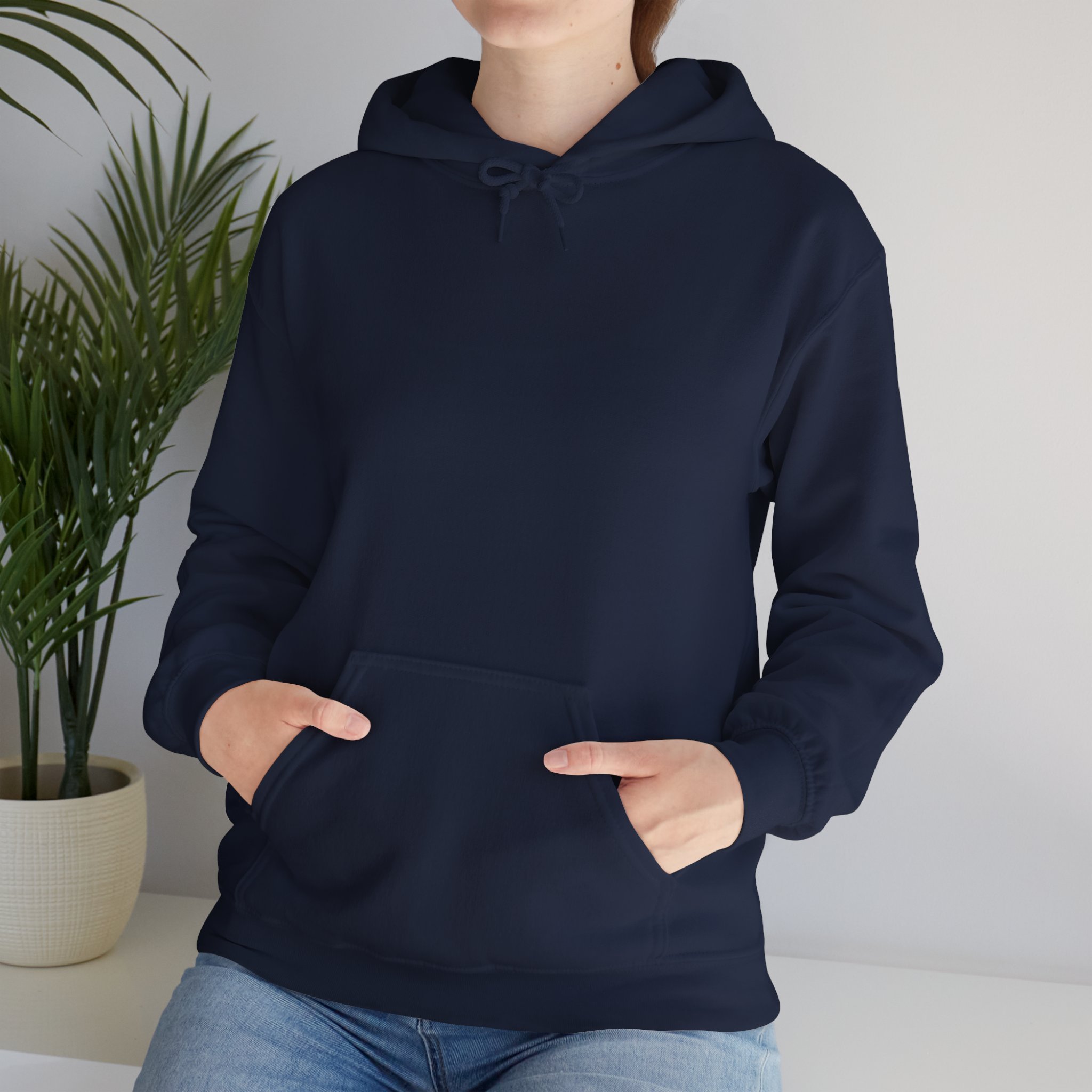 Front view of navy hoodie with kangaroo pocket from Western Australia nature inspired clothing collection.