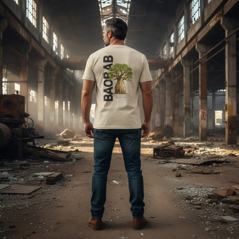 Person wearing sand t-shirt with Western Australia boab tree design inspired by Australian nature.