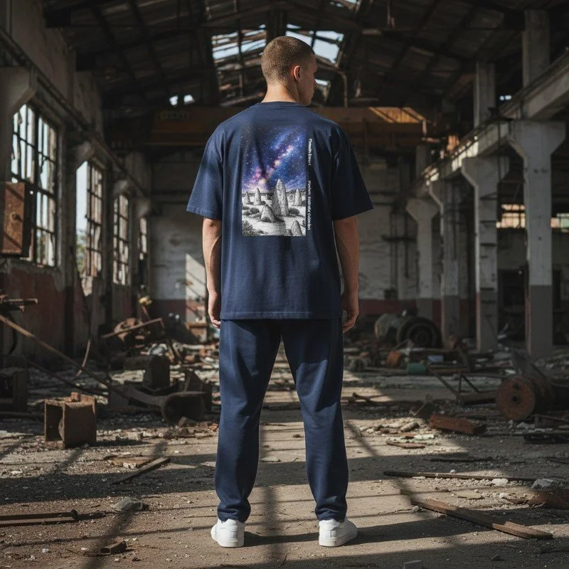 Person wearing navy blue t-shirt with Pinnacles Desert and Milky Way design inspired by Western Australia nature.