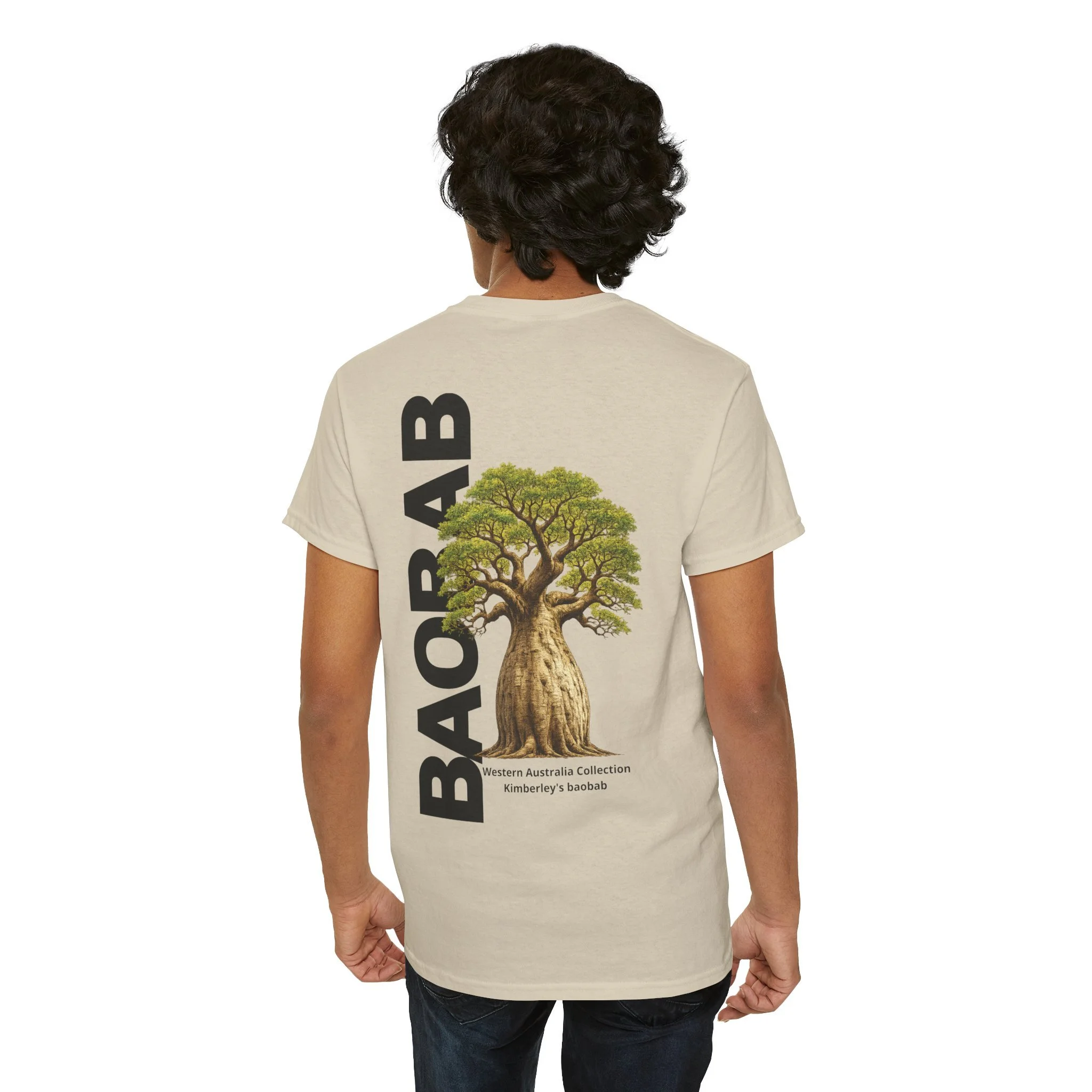 Sand t-shirt with boab tree graphic inspired by the iconic baobab trees of Western Australia.