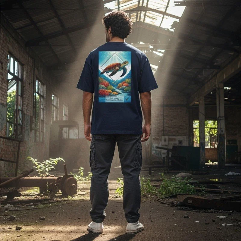 Person wearing navy blue t-shirt with sea turtle ocean design inspired by Australian marine wildlife.