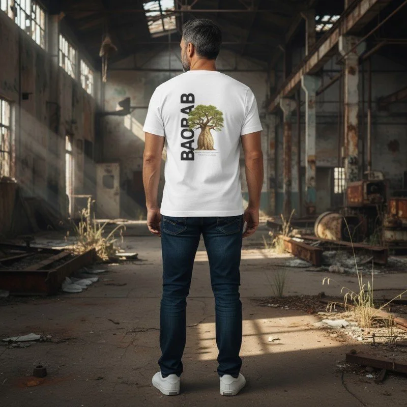 Person wearing white t-shirt with Western Australia boab tree design inspired by Australian nature.