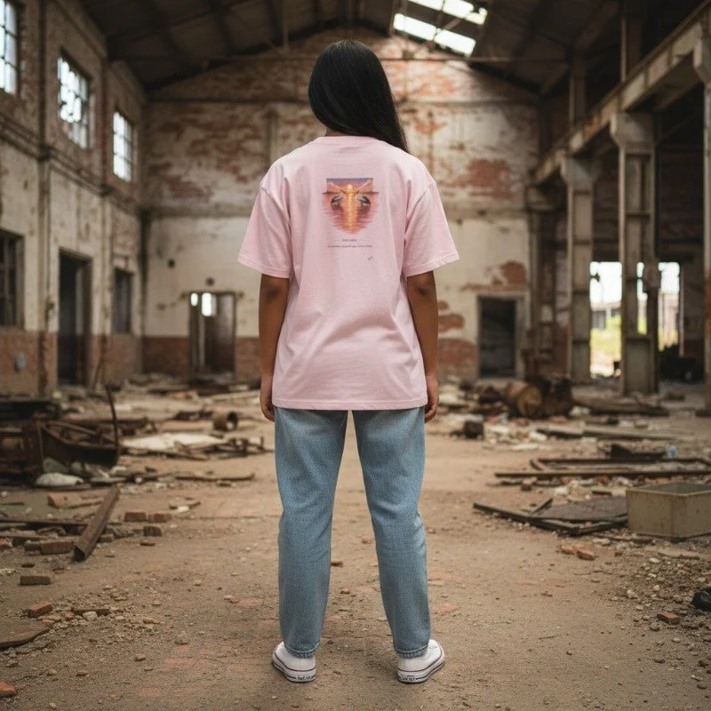 Person wearing pink t-shirt with pink lake sunset and pelicans design inspired by Western Australia.