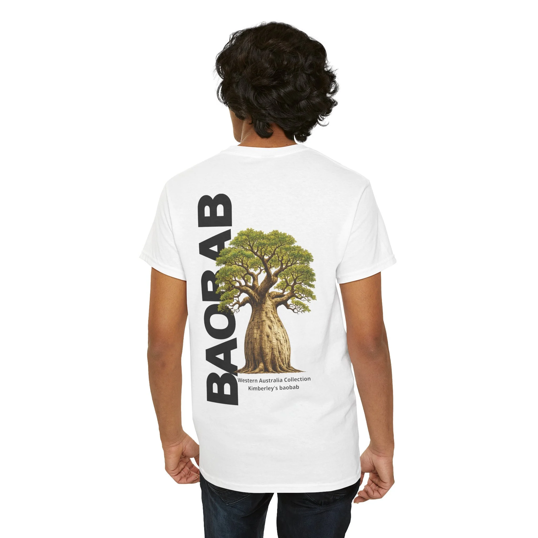 White t-shirt with boab tree graphic inspired by the iconic baobab trees of Western Australia.