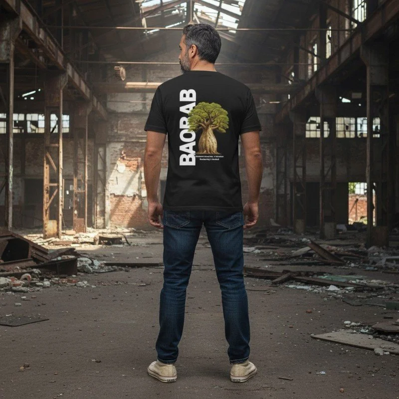 Person wearing black t-shirt with Western Australia boab tree design inspired by Australian nature.