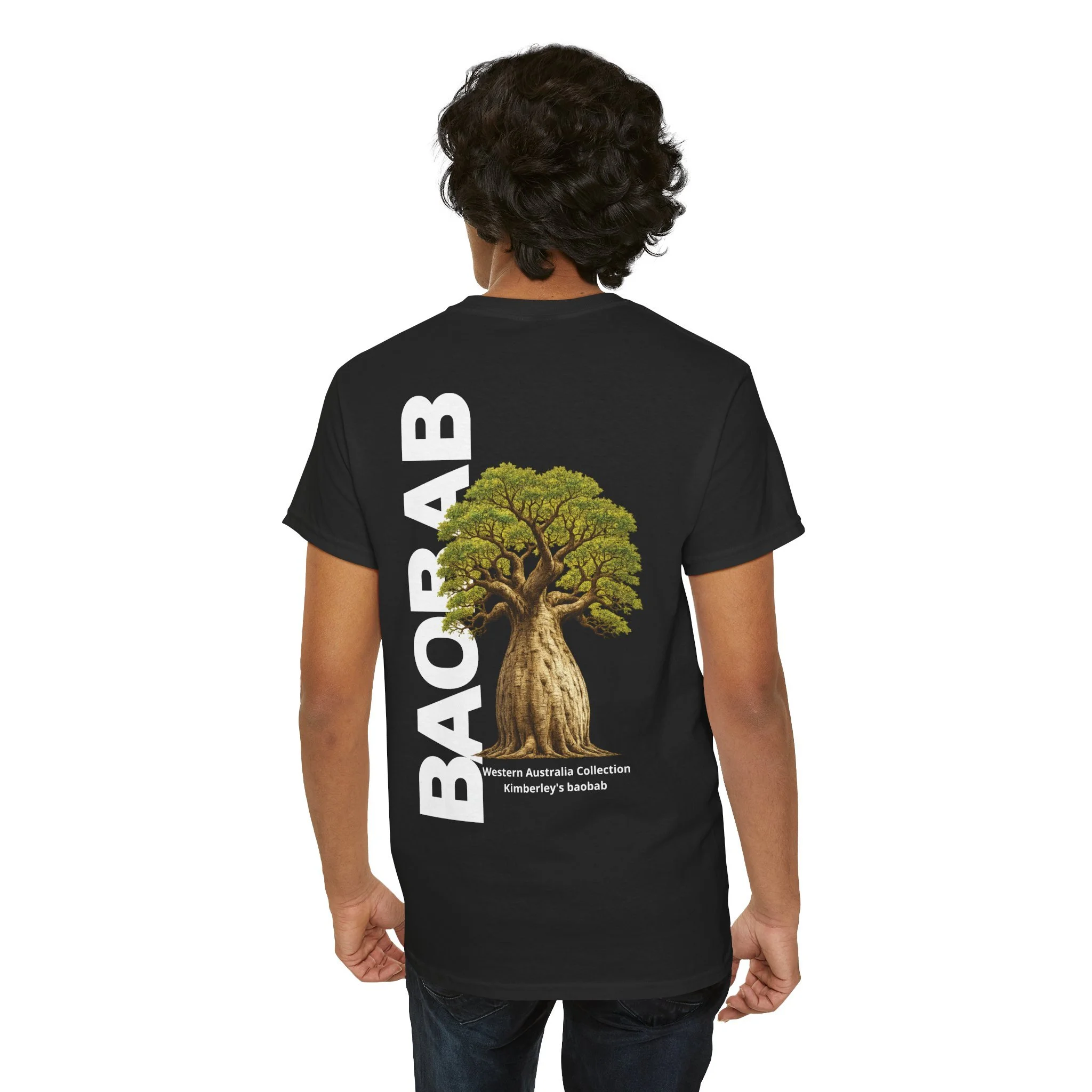 Black t-shirt with boab tree graphic inspired by the iconic baobab trees of Western Australia.