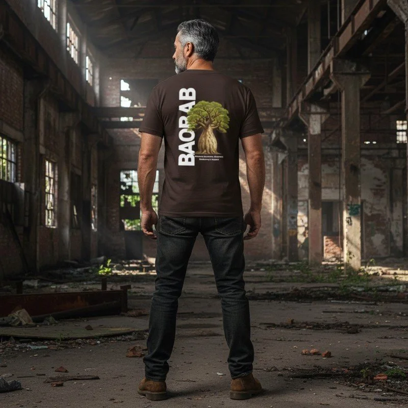 Person wearing brown t-shirt with Western Australia boab tree design inspired by Australian nature.