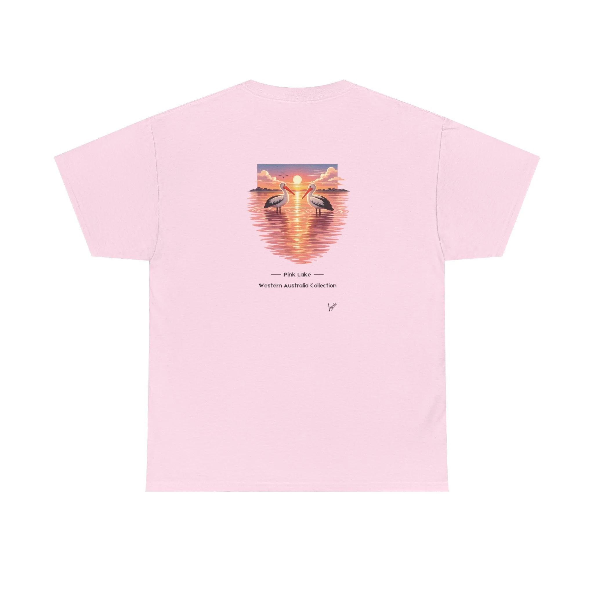 Pink t-shirt with pelicans flying above the pink lake at sunset inspired by Western Australia nature.