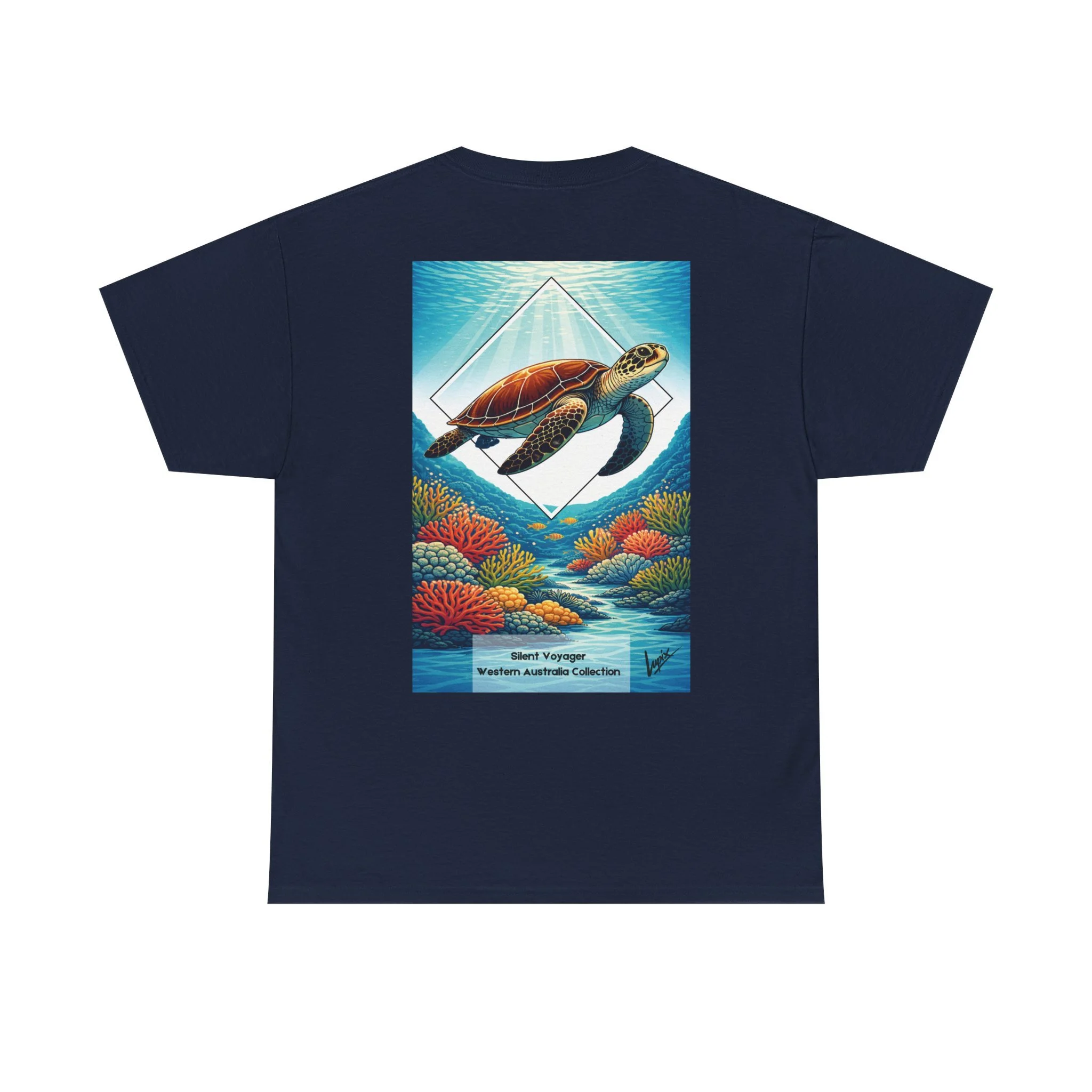 Navy blue t-shirt with sea turtle and coral reef illustration inspired by the marine life of Western Australia.