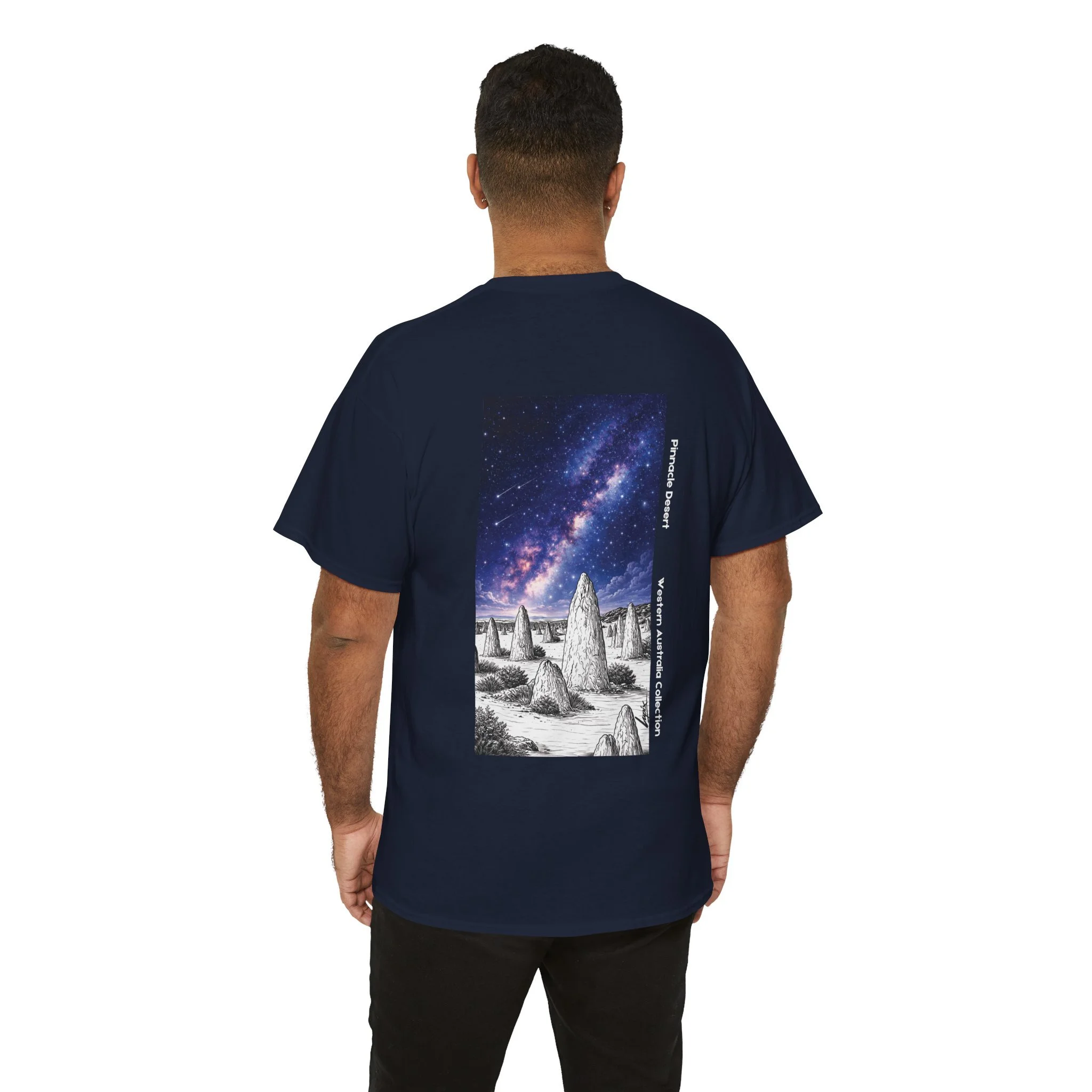 Navy blue t-shirt featuring the Pinnacles Desert under the Milky Way inspired by Western Australia landscape.