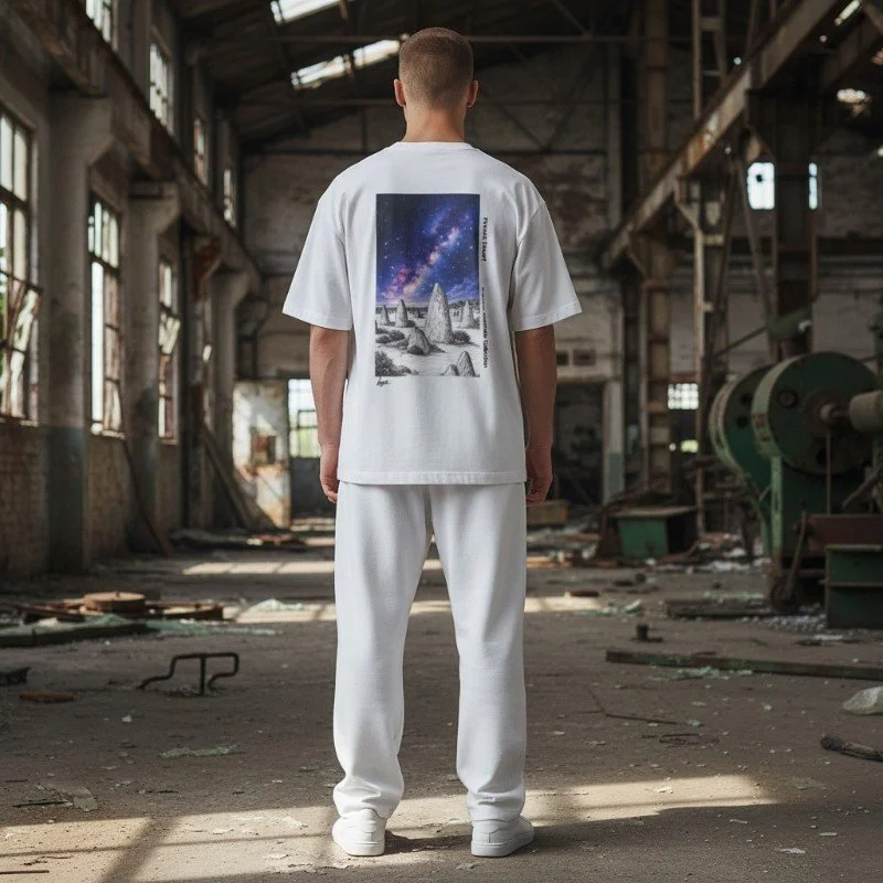 Person wearing white t-shirt with Pinnacles Desert and Milky Way design inspired by Western Australia nature.
