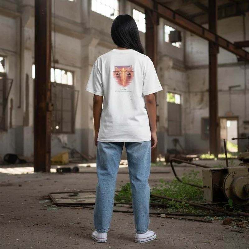 Person wearing white t-shirt with pink lake sunset and pelicans design inspired by Western Australia.