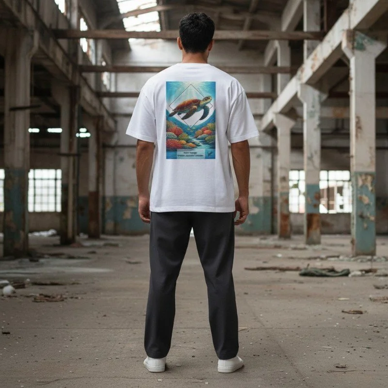Person wearing white t-shirt with sea turtle ocean design inspired by Australian marine wildlife.
