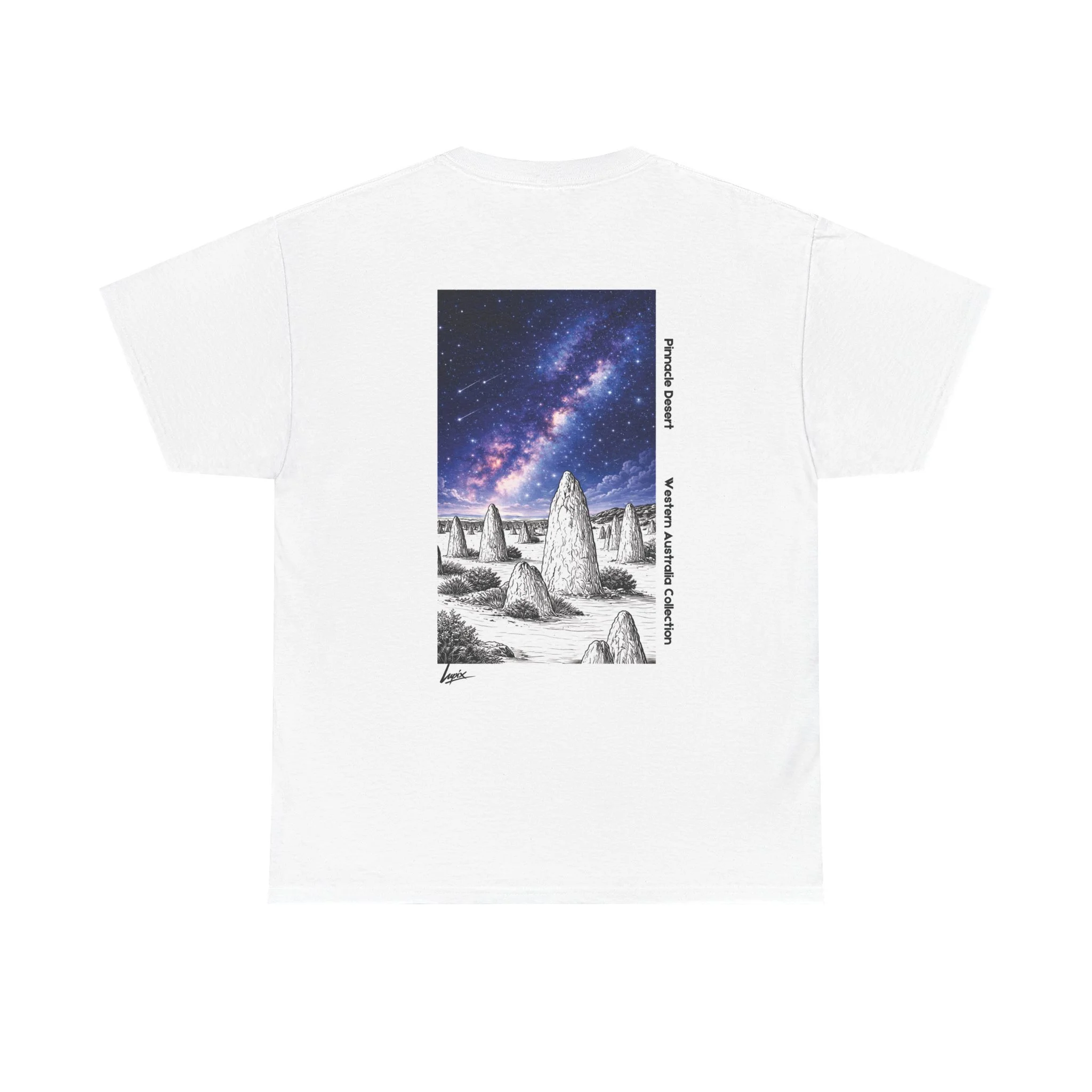 White t-shirt with Pinnacles Desert night sky illustration inspired by Nambung National Park in Western Australia.