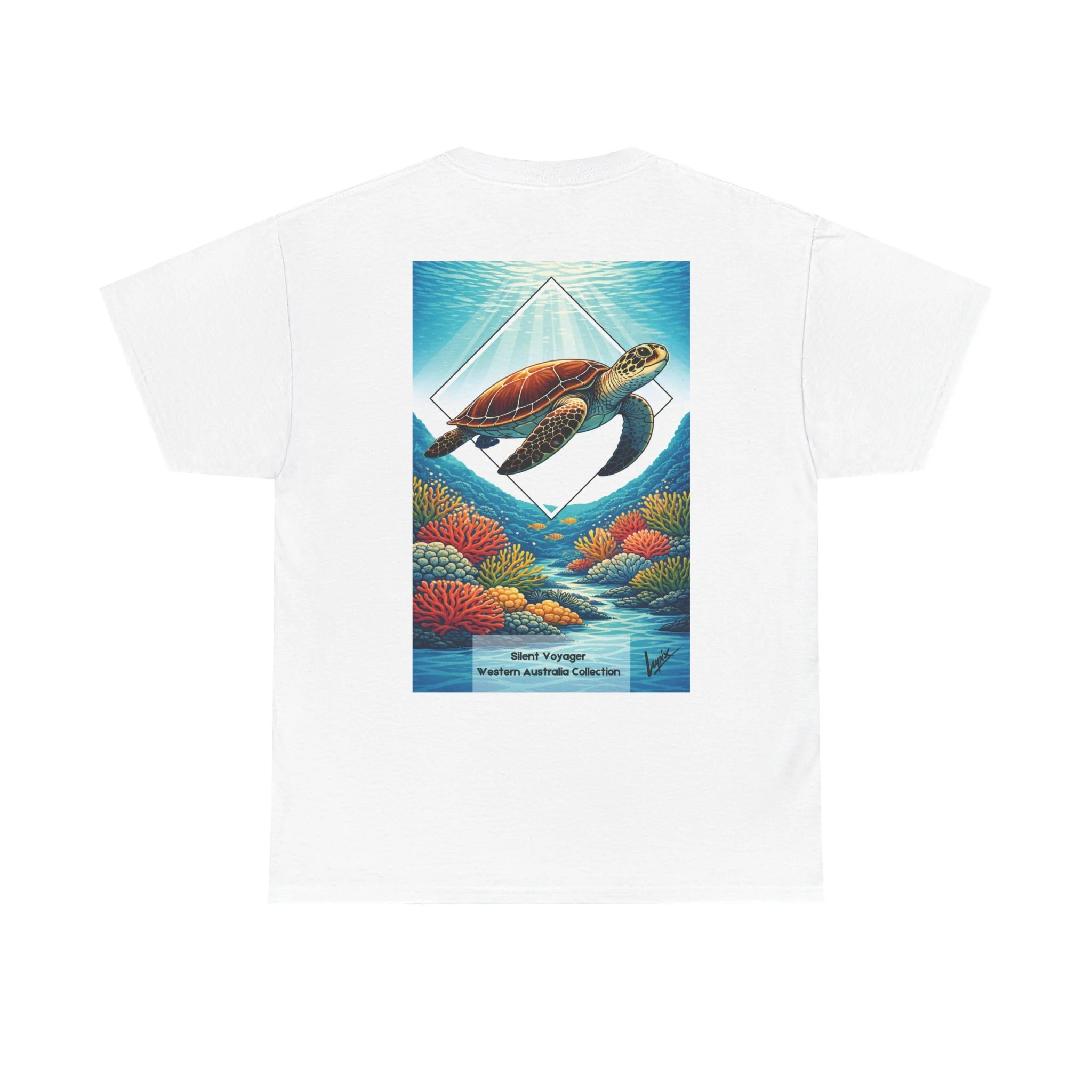White t-shirt with sea turtle and coral reef illustration inspired by the marine life of Western Australia.
