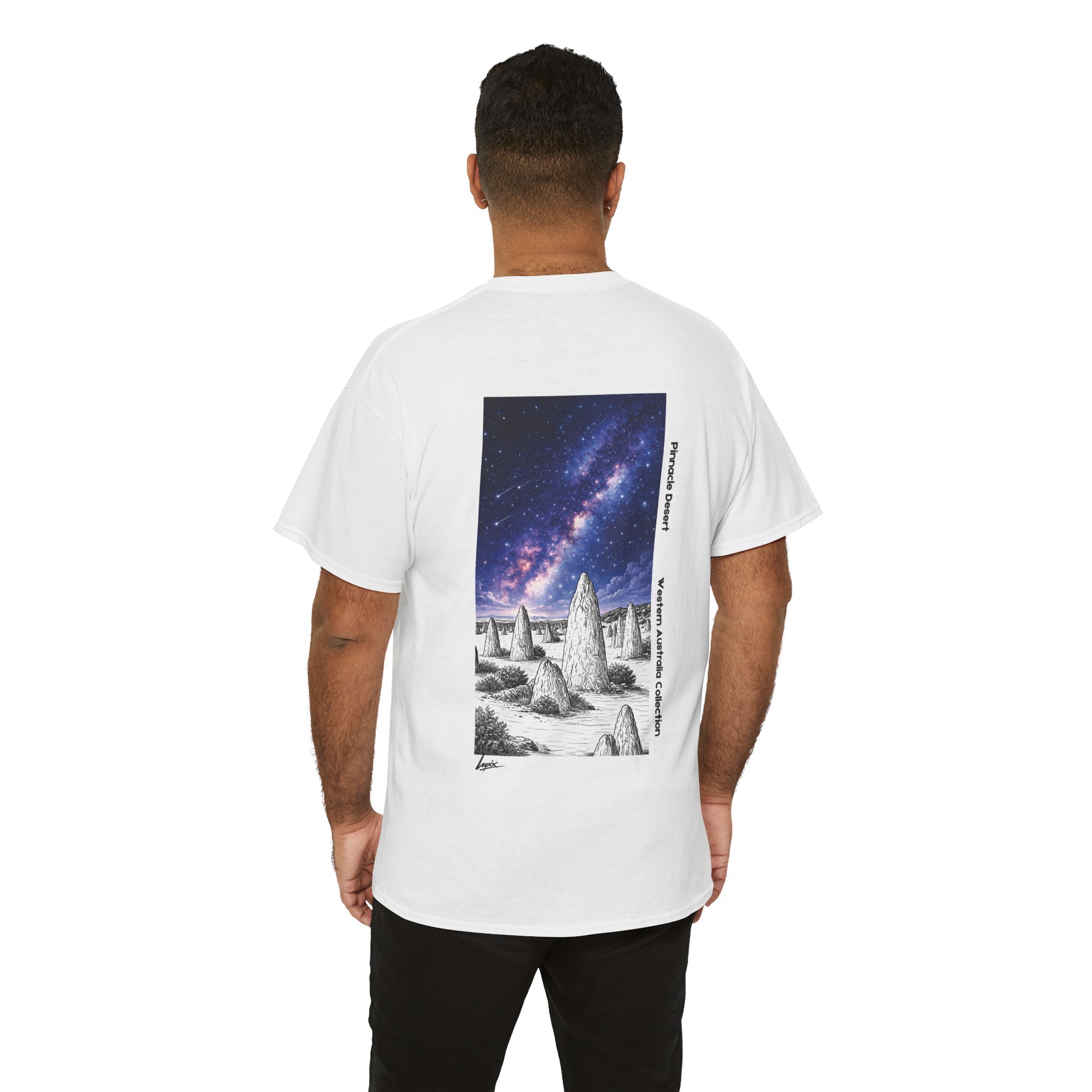 White t-shirt featuring the Pinnacles Desert under the Milky Way inspired by Western Australia landscape.