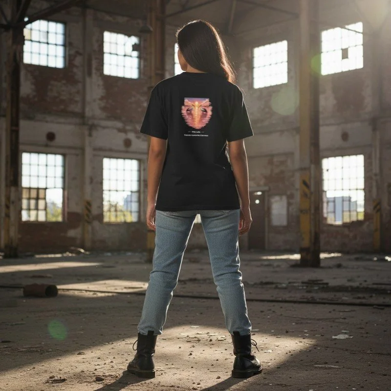 Person wearing black t-shirt with pink lake sunset and pelicans design inspired by Western Australia.