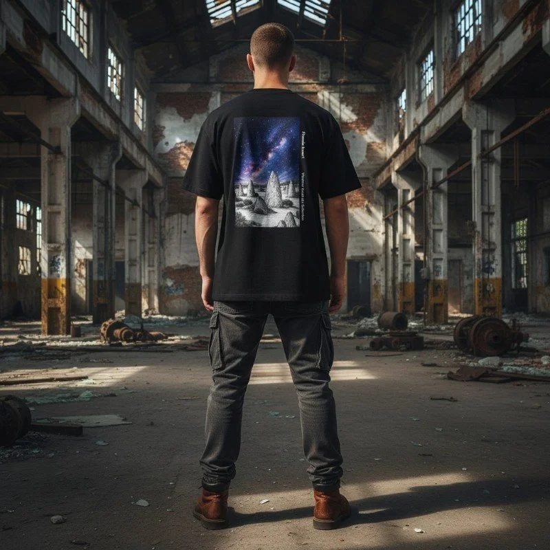 Person wearing black t-shirt with Pinnacles Desert and Milky Way design inspired by Western Australia nature.