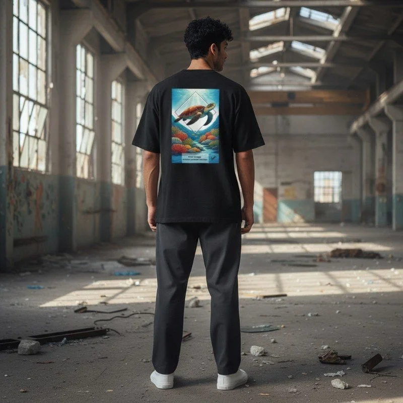 Person wearing black t-shirt with sea turtle ocean design inspired by Australian marine wildlife.