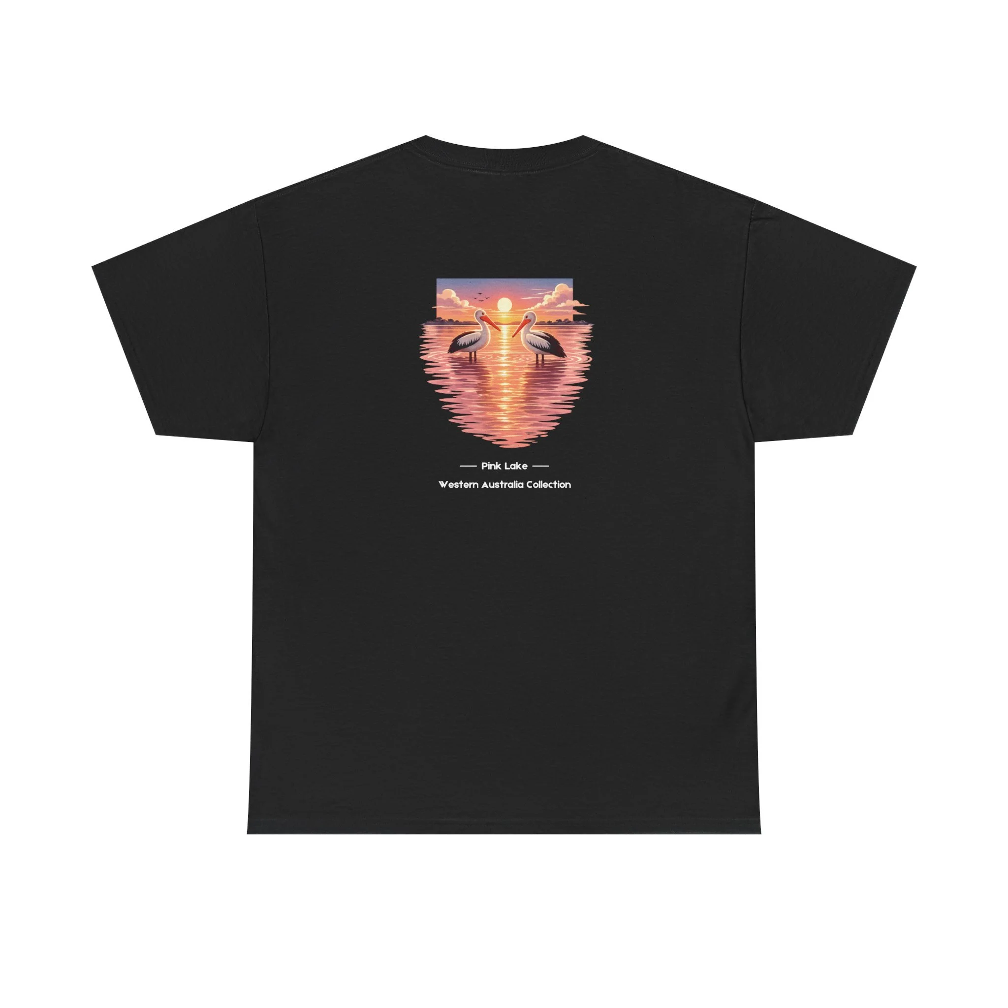 Black t-shirt with pelicans flying above the pink lake at sunset inspired by Western Australia nature.