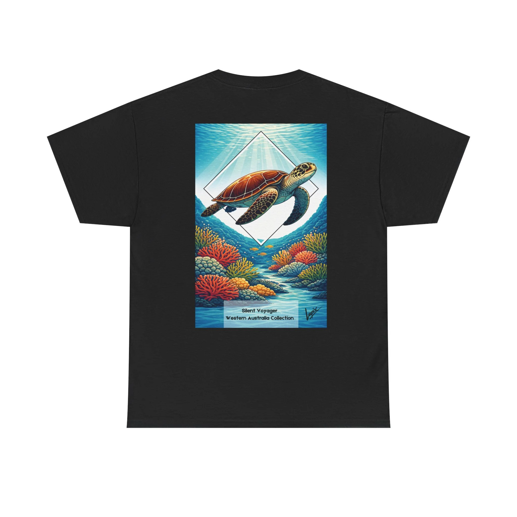 Black t-shirt with sea turtle and coral reef illustration inspired by the marine life of Western Australia.