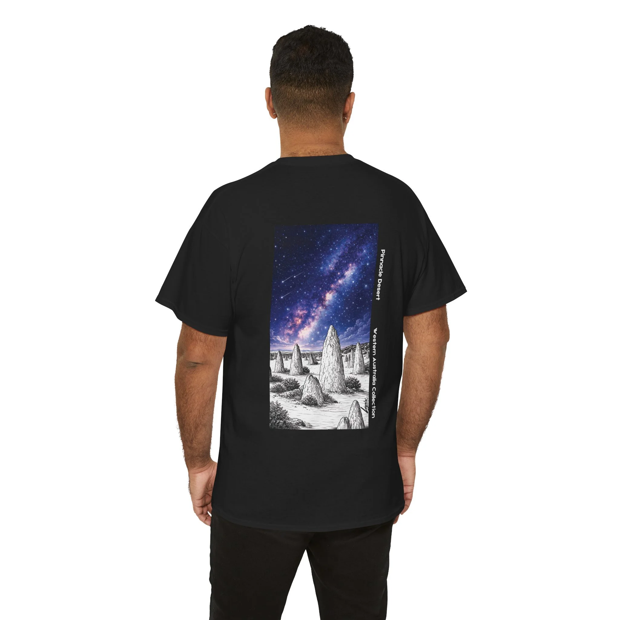 Black t-shirt featuring the Pinnacles Desert under the Milky Way inspired by Western Australia landscape.