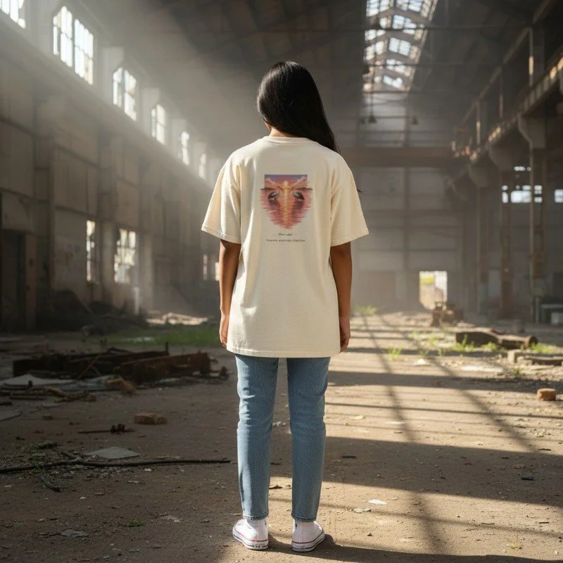 Person wearing sand t-shirt with pink lake sunset and pelicans design inspired by Western Australia.