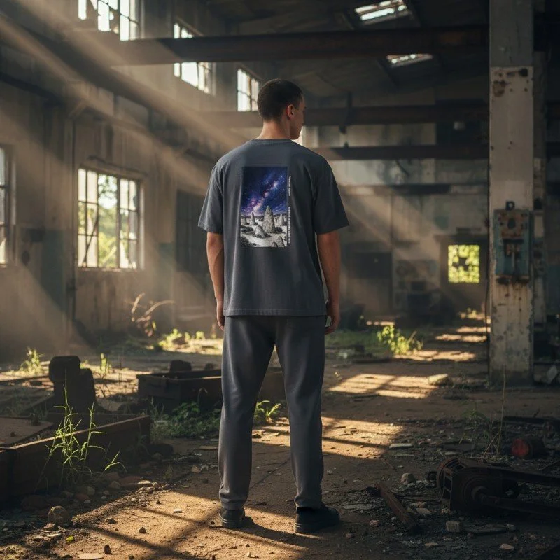 Person wearing charcoal t-shirt with Pinnacles Desert and Milky Way design inspired by Western Australia nature.
