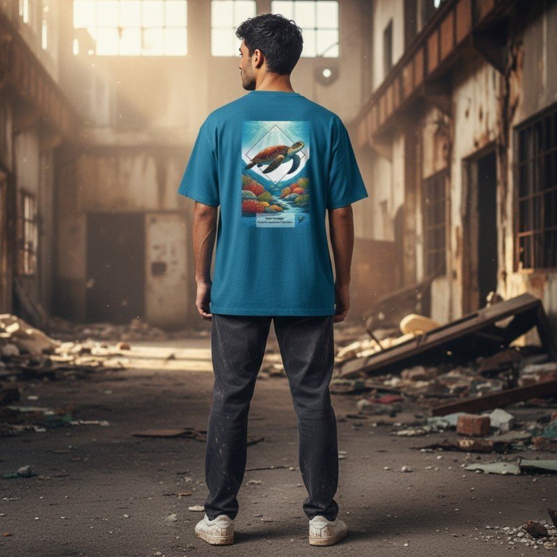 Person wearing antique sapphire t-shirt with sea turtle ocean design inspired by Australian marine wildlife.