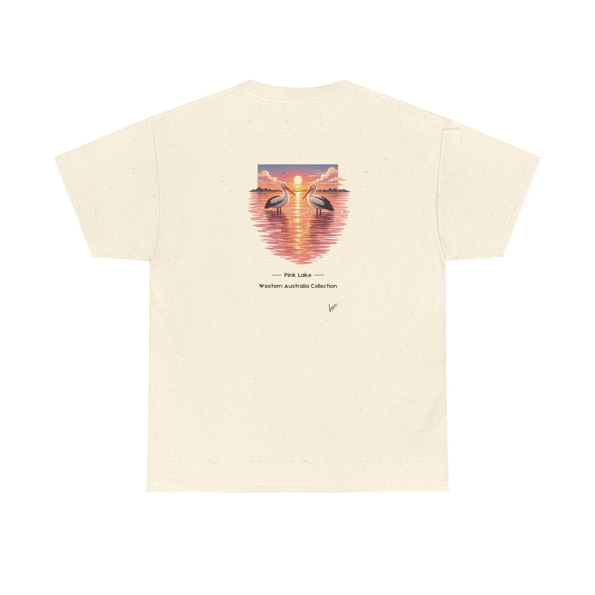 Sand t-shirt with pelicans flying above the pink lake at sunset inspired by Western Australia nature.