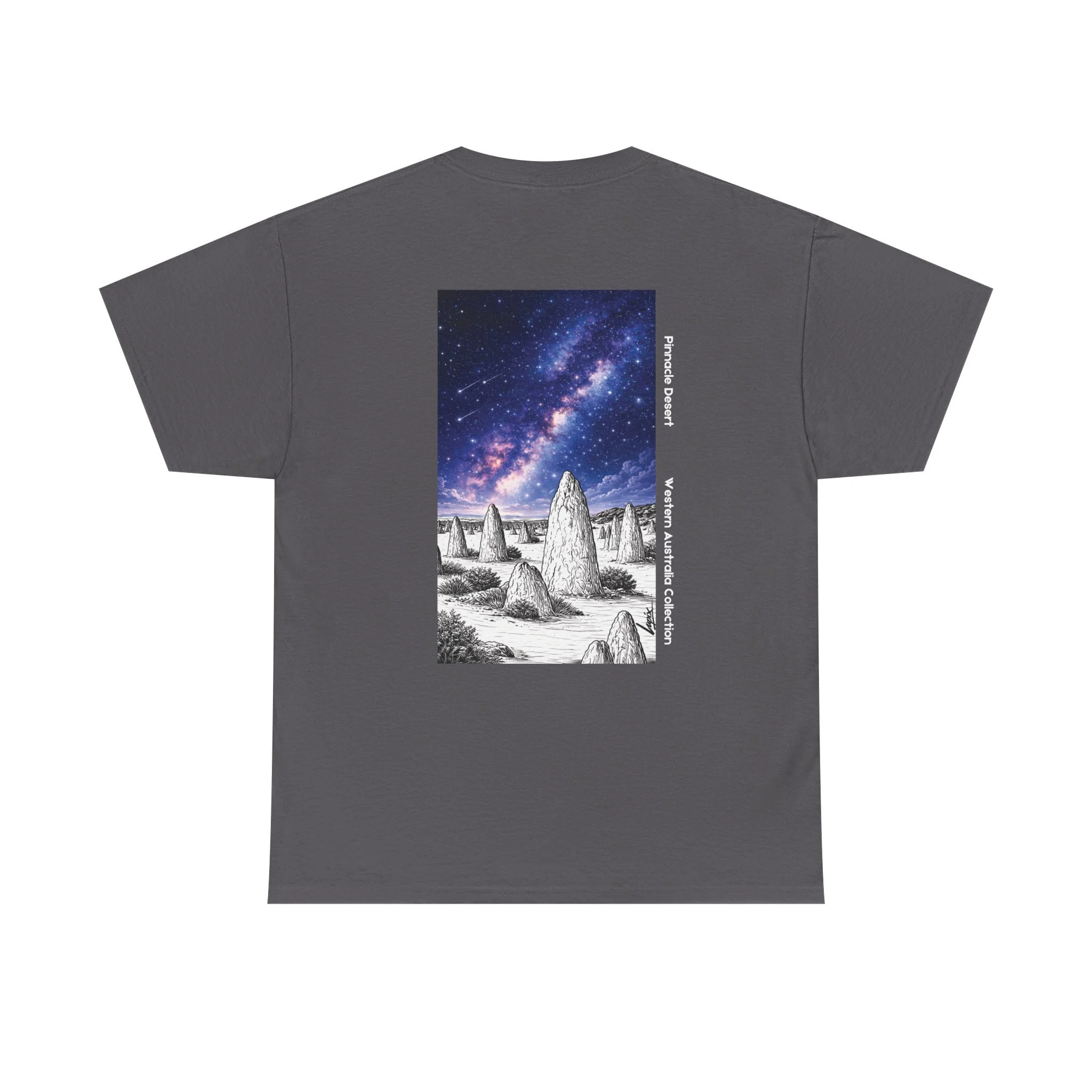 Charcoal t-shirt with Pinnacles Desert night sky illustration inspired by Nambung National Park in Western Australia.