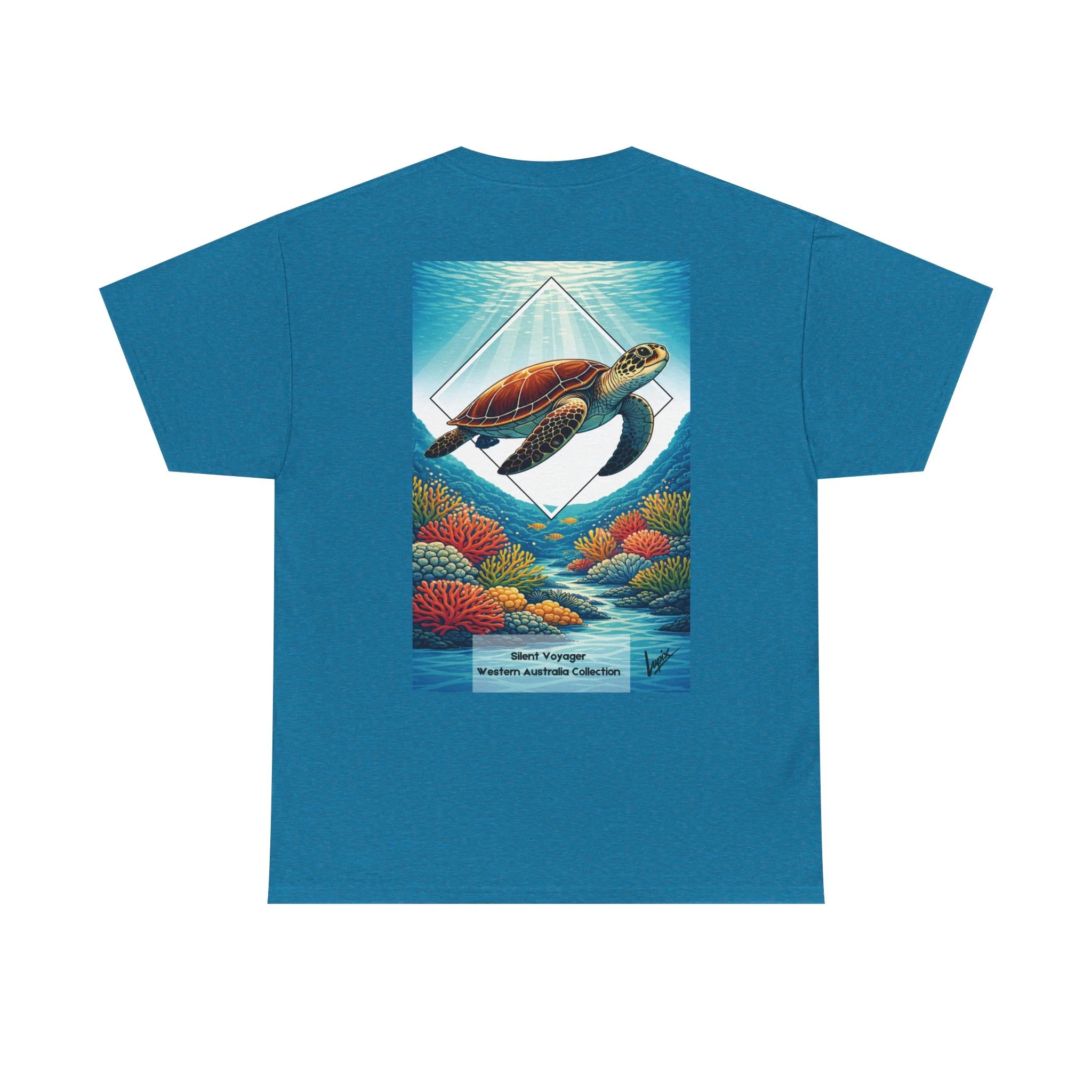 Antique sapphire t-shirt with sea turtle and coral reef illustration inspired by the marine life of Western Australia.