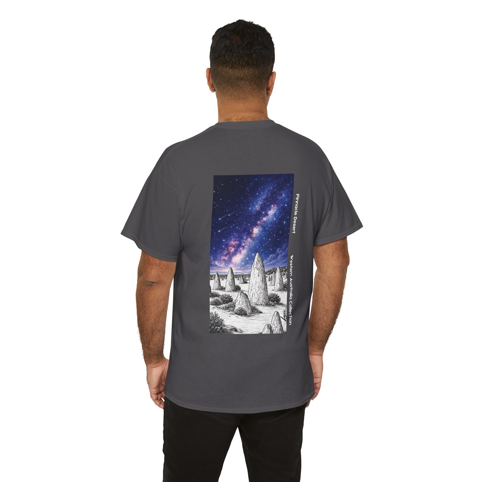Charcoal t-shirt featuring the Pinnacles Desert under the Milky Way inspired by Western Australia landscape.